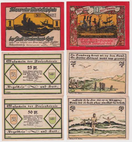 3 Banknoten Notgeld Westerland und Vogelkoje auf Sylt 1920-1921 (158104)