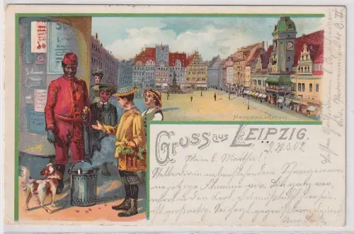 902136 Ak Lithographie Gruß aus Leipzig Marktplatz mit Markttreiben 1902