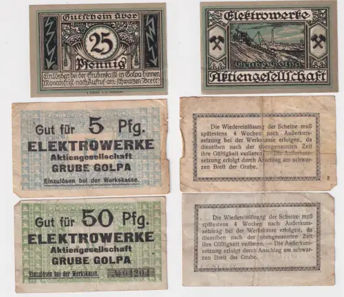 5,25 & 50 Pfennig Banknoten Notgeld Elektrowerke Grube Golpa um 1920 (154235)