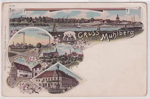 53782 Ak Lithographie Gruß aus Mühlberg Zuckerfabrik, Hotel usw. um 1900