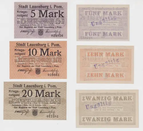 3 Banknoten Kriegs Notgeld Stadt Lauenburg in Pommern 1918 (122225)