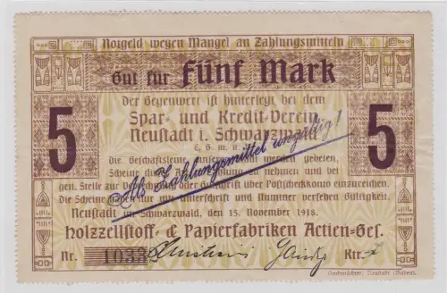 5 Mark Banknote Notgeld Sparverein Neustadt im Schwarzwald 15.11.1918 (132902)