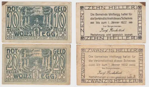 10 und 20 Heller Banknoten Notgeld Gemeinde Wölfsegg 1920 (154648)