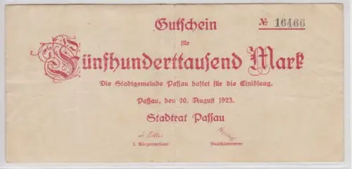 500000 Mark Banknote Inflation Stadt Passau 20.08.1923 (154637)
