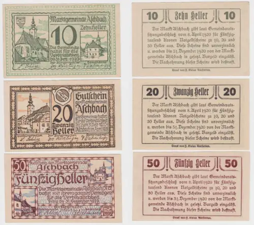 3 Banknoten 10 bis 50 Heller Notgeld Marktgemeinde Aschbach 1920 (154530)