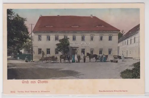 902233 AK Gruß aus Choren - Gasthof, Inh. Richard Naumann, Radfahrer-Station