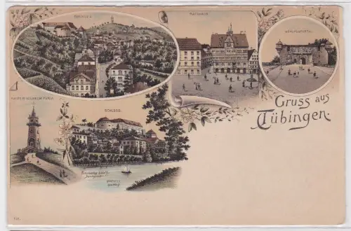 902355 AK Gruss aus Tübingen - Rathaus, Schlossportal, Kaiser Wilhelm Turm