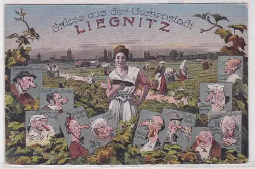 30812 Künstler Humor AK Grüsse aus der Gurkenstadt Liegnitz Legnica Gurkennasen