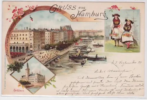 902354 AK Gruss aus Hamburg - Rathaus, Jungfernstieg, Tracht 1899