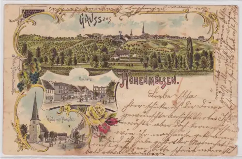 902473 Lithografie AK Gruss aus Hohenmölsen - Neumarkt, Kirche mit Altmarkt 1897