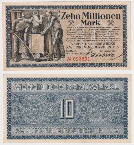 10 Millionen Mark Banknote Moers Verein der Bergwerke 15.9.1923 (170876)
