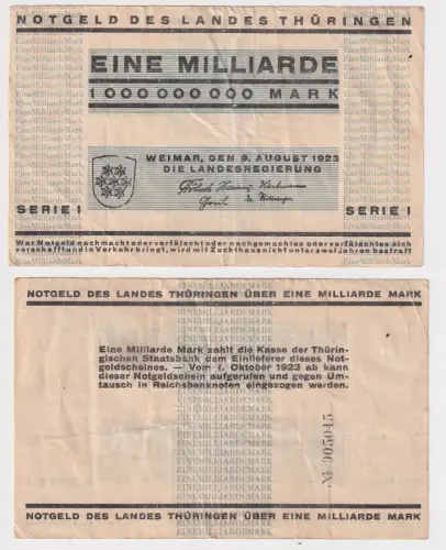 1 Milliarde Mark Banknote Landesregierung Weimar 9.8.1923 (171539)
