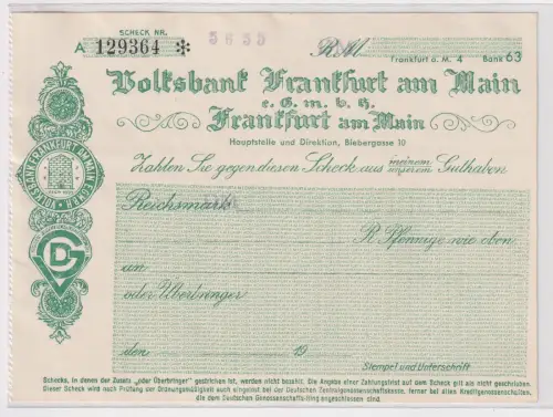 Scheck der Volksbank Frankfurt am Main um 1930 (170946)