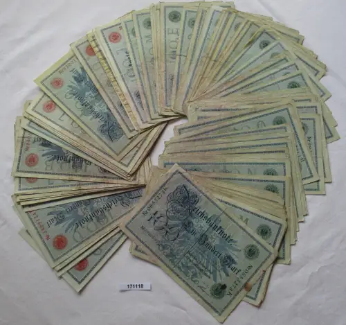 Sammlung mit 100 Banknoten 100 Mark 1908 Deutschland Siegel rot + grün (171118)