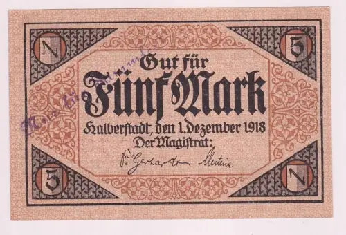5 Mark Banknoten Notgeld Stadt Halberstadt 01.12.1918 (160074)