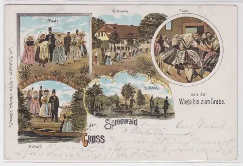 47701 Lithografie AK Gruss aus dem Spreewald von der Wiege bis zum Grabe 1901
