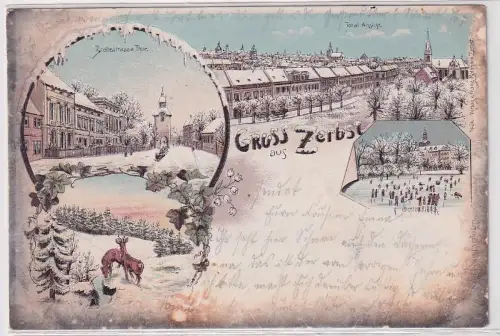 72651 Winter Ak Lithographie Gruß aus Zerbst Breitestraße usw. 1900