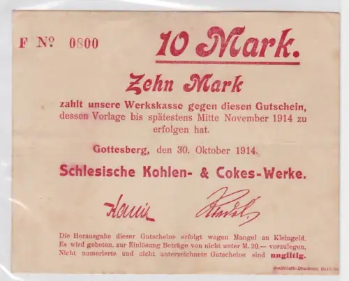 10 Mark Banknote Gotteberg in Schlesien Kohlenwerke 30.10.1914 (164260)
