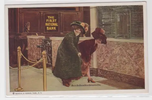 96723 Humor Ak The First National Bank "Reichsbanknebenstelle" um 1920