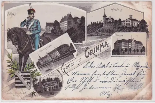 903118 Ak Lithographie Gruß aus Grimma Husar zu Pferde und Stadtansichten 1898 
