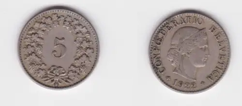 5 Rappen Kupfer Nickel Münze Schweiz 1922 B ss+ (165011)