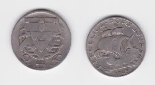 2 1/2 Escudos Silber Münze Portugal 1945 Segelschiff f.ss (164418)
