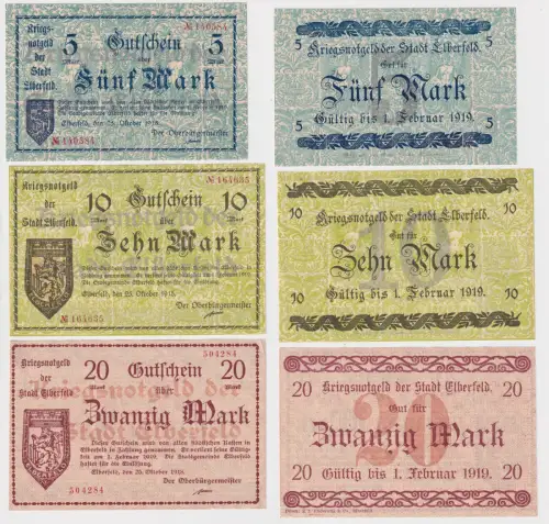 5, 10 und 20 Mark Banknoten Notgeld Stadt Elberfeld 1918 (145440)