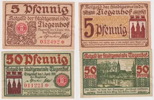 5 & 50 Pfennig Banknoten Notgeld Stadtgemeinde Tiegenhof 1920 (142381)