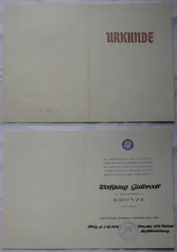 DDR Urkunde Deutscher Fußball-Verband Ehrennadel Bronze DFV 1978 (143020)