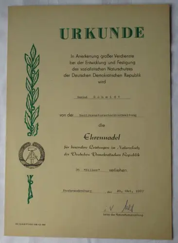 DDR Urkunde Ehrennadel für bes. Leistungen im Naturschutz Silber 1987 (146515)