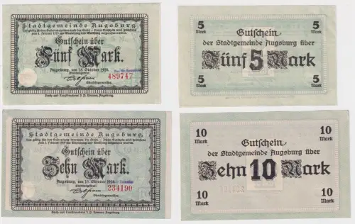 5, 10 Mark Banknoten Großnotgeld Stadt Augsburg 15.10.1918 (143358)