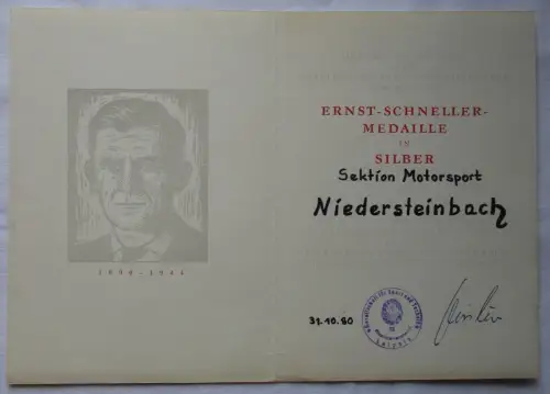 DDR Urkunde Ernst-Schneller-Medaille Silber Sektion Motorsport 1980 (142238)