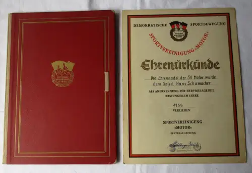 DDR Urkunde Ehrennadel der Sportvereinigung SV Motor Rostock 1956 (164868)
