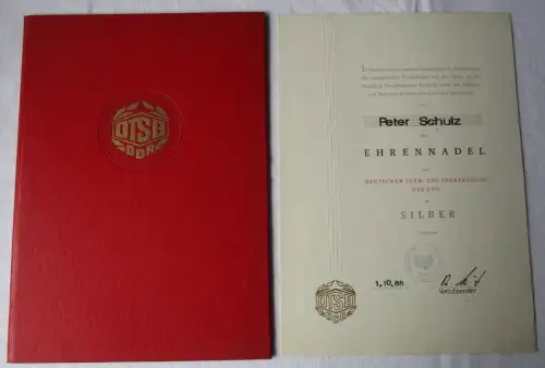 DDR Urkunde Ehrennadel des Deutschen Turn- und Sportbundes Silber 1988 (165086)