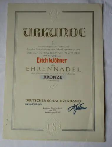 DDR Urkunde Ehrennadel des Deutschen Schachverbandes in Bronze 1973 (165126)