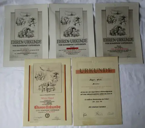 5 DDR Urkunden Bester Meister VEB Kombinat Espenhain 1958 (165127)