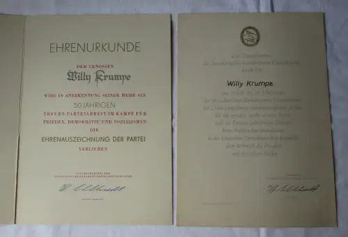 DDR Ehrenurkunde Ehrenauszeichnung der Partei SED 50jähr. Parteiarbeit (163205)
