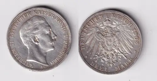 3 Mark Silbermünze Preussen Kaiser Wilhelm II 1908 A Jäger 103 ss+ (165160)