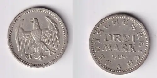 3 Mark Silbermünze Weimarer Republik 1924 A Jäger 312 ss+ (165620)