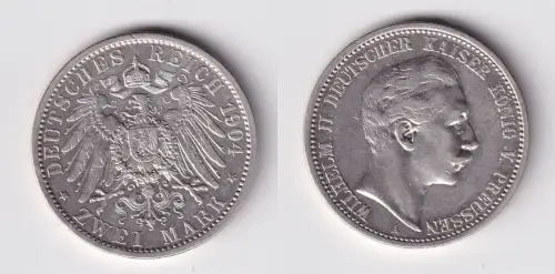 2 Mark Silbermünze Preussen Kaiser Wilhelm II 1904 Jäger 102 ss+ (165744)