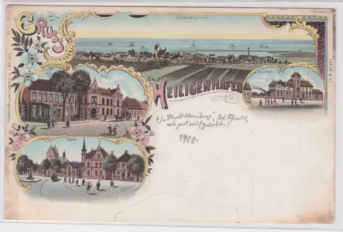 903584 Ak Lithographie Gruß aus Heilgenhafen Post, Bahnhof usw. um 1900