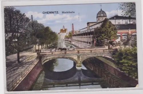 905002 Ak Chemnitz - Partie an der Markthalle und der Chemnitz 1915