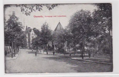 904646 Ak Chemnitz- Synagoge und Luisenhaus, Straßenansicht 1910
