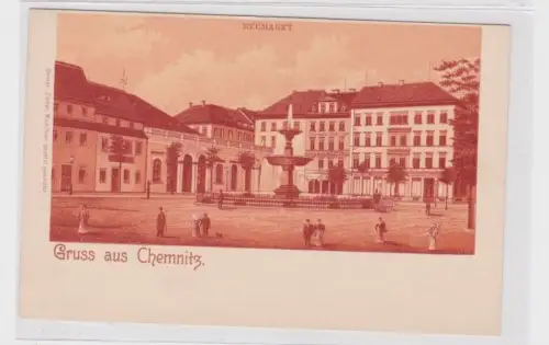 905692 AK Gruss aus Chemnitz - Neumarkt, Straßenansicht mit Brunnen um 1900