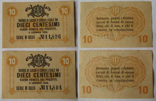2 x 10 Centesimi Banknoten Italien 2.1.1918 Cassa Veneta dei Prestiti (115706)