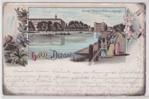 903316 Ak Lithographie Gruß aus Dessau herzogliches Schloss mit Mühle 1897