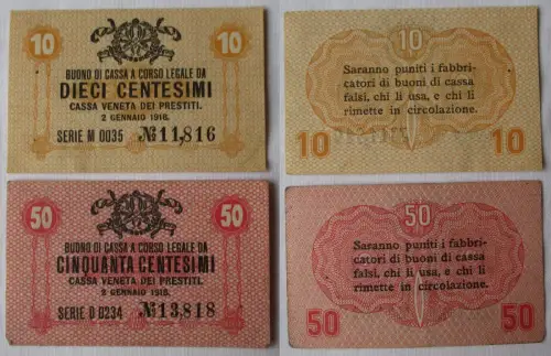 10 & 50 Centesimi Banknoten Italien 2.1.1918 Cassa Veneta dei Prestiti (111775)