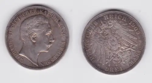 3 Mark Silbermünze Preussen Kaiser Wilhelm II 1909 A Jäger 103 ss+ (130845)