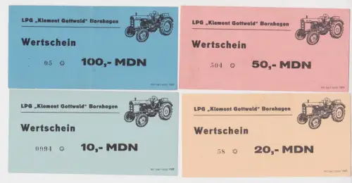 4 Banknoten 10 bis 100 Mark DDR LPG Geld "Klement Gottwald" Bornhagen (163951)