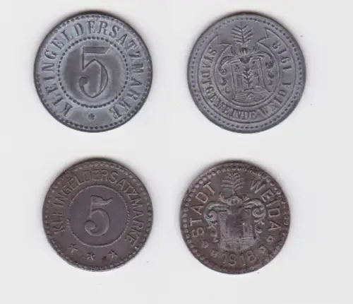 2 x 5 Pfennig Zink und Eisen Münzen Notgeld Stadt Weida 1918 (165002)